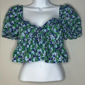 Zara Blue Green Floral Puff Sleeve Ruched Crop Top Size XS